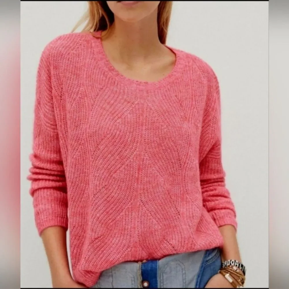 Anthropologie Keely Pink Wool Blend Fisherman Cable Knit Soft Oversized Sweater